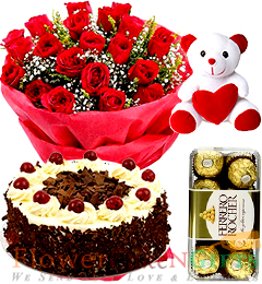 send 1kg Black Forest Cake Red Rose Bouquet Ferrero Rochher Chocolate Teddy Bear delivery